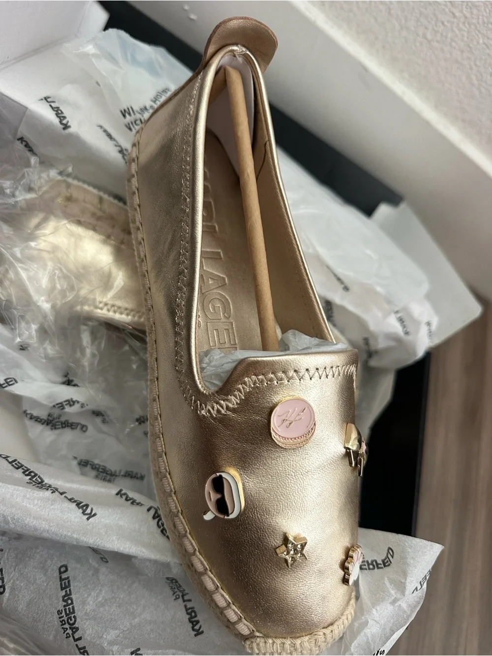 KARL LAGERFELD Metallic Gold Espadrille Slip-On Loafers - Women